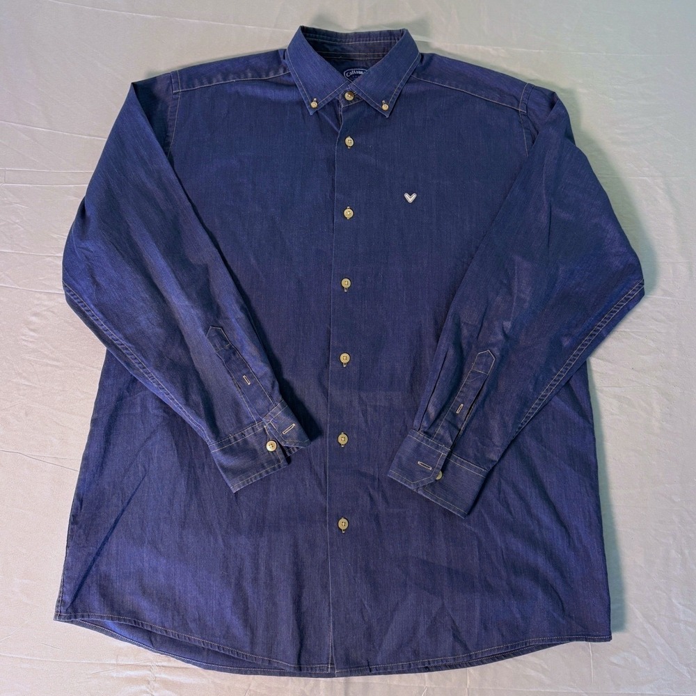 Callaway Golf Sport Mens Large Blue Denim Chambray Button Down Shirt Long Sleeve